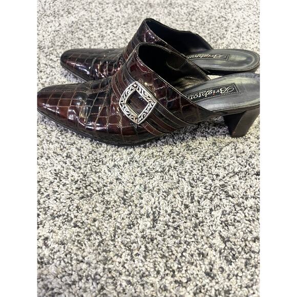 Brighton Tudor Heels Size 7.5 Brown Croc Embossed Slip-On Mules Made in Italy - Picture 5 of 10